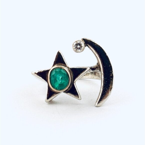 Sterling Silver Moon & Star Ring w/ Emerald & CZ Unique Celestial Statement - Picture 5 of 10